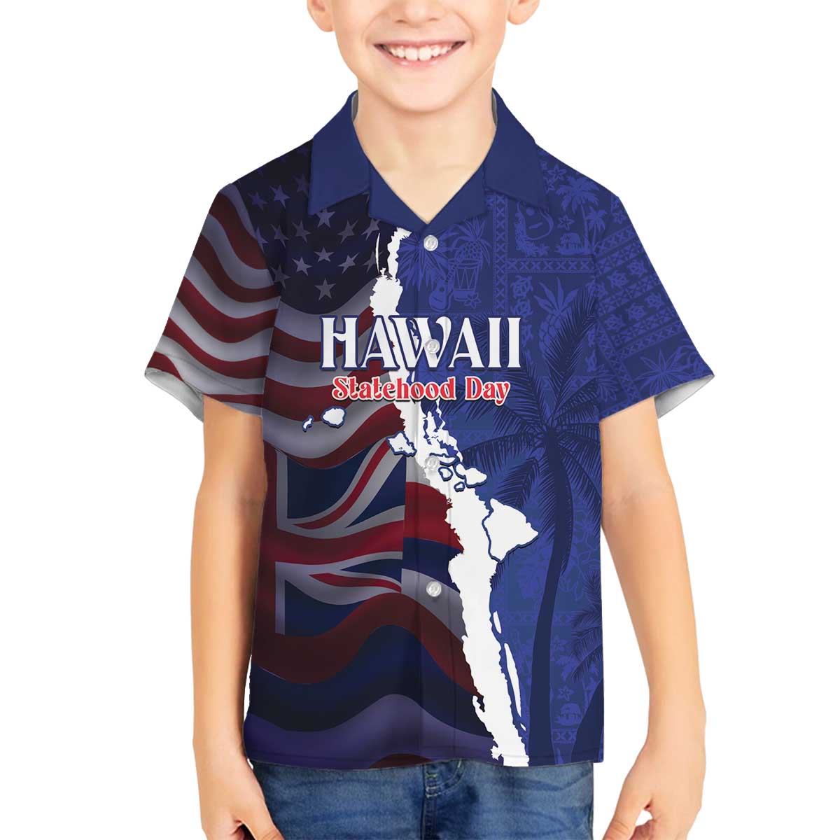 Personalized Hawaii Statehood Day Family Matching Off The Shoulder Long Sleeve Dress and Hawaiian Shirt 66th Anniversary - Polynesian Pride