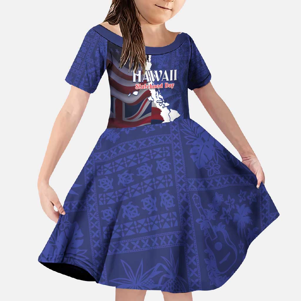 Personalized Hawaii Statehood Day Family Matching Off Shoulder Maxi Dress and Hawaiian Shirt 66th Anniversary LT14 Daughter's Dress Blue - Polynesian Pride