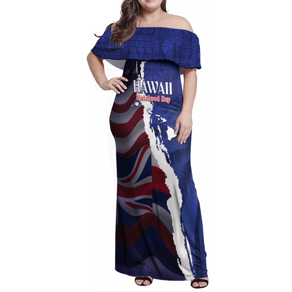 Personalized Hawaii Statehood Day Family Matching Off Shoulder Maxi Dress and Hawaiian Shirt 66th Anniversary LT14 Mom's Dress Blue - Polynesian Pride