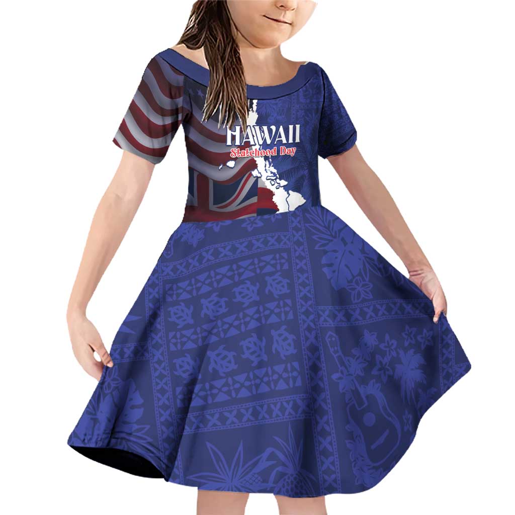 Personalized Hawaii Statehood Day Family Matching Off Shoulder Short Dress and Hawaiian Shirt 66th Anniversary LT14 Daughter's Dress Blue - Polynesian Pride