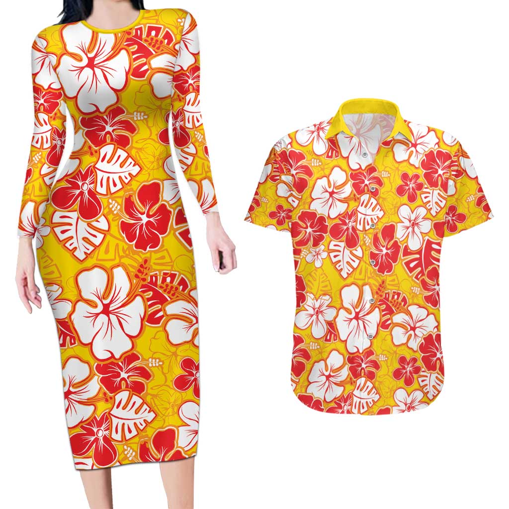 Yellow Hawaii Hibiscus Couples Matching Long Sleeve Bodycon Dress and Hawaiian Shirt Tropical Flowers Seamless Pattern LT14 Yellow - Polynesian Pride