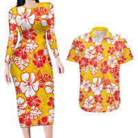 Yellow Hawaii Hibiscus Couples Matching Long Sleeve Bodycon Dress and Hawaiian Shirt Tropical Flowers Seamless Pattern LT14 Yellow - Polynesian Pride