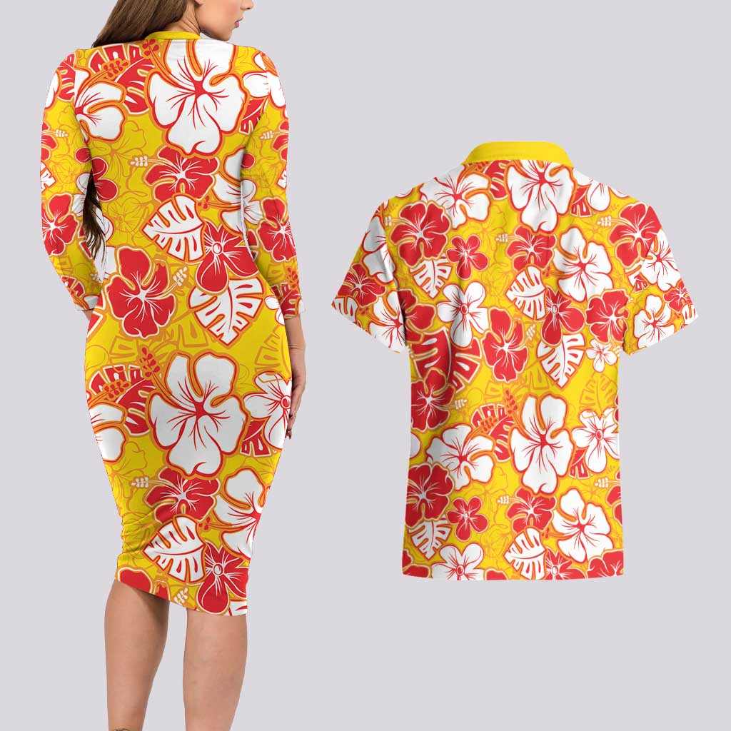 Yellow Hawaii Hibiscus Couples Matching Long Sleeve Bodycon Dress and Hawaiian Shirt Tropical Flowers Seamless Pattern LT14 - Polynesian Pride