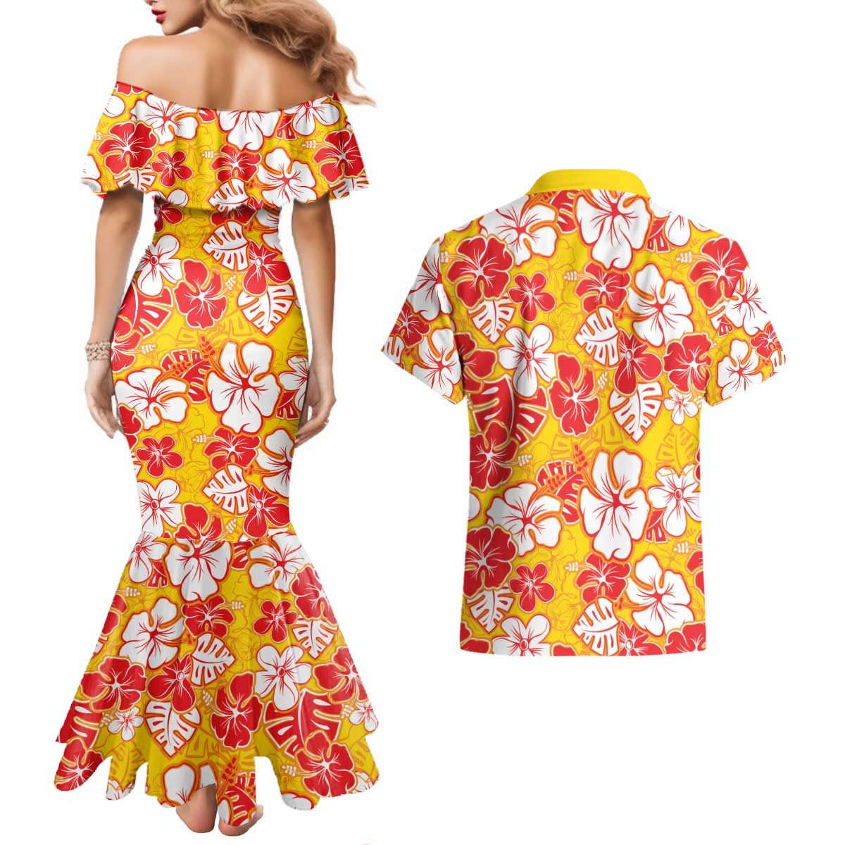 Yellow Hawaii Hibiscus Couples Matching Mermaid Dress and Hawaiian Shirt Tropical Flowers Seamless Pattern LT14 - Polynesian Pride