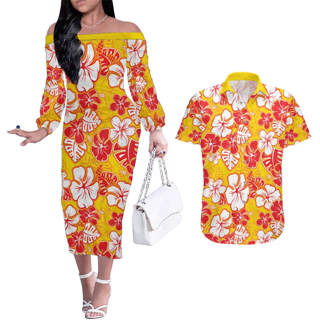 Yellow Hawaii Hibiscus Couples Matching Off The Shoulder Long Sleeve Dress and Hawaiian Shirt Tropical Flowers Seamless Pattern LT14 Yellow - Polynesian Pride
