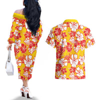 Yellow Hawaii Hibiscus Couples Matching Off The Shoulder Long Sleeve Dress and Hawaiian Shirt Tropical Flowers Seamless Pattern LT14 - Polynesian Pride