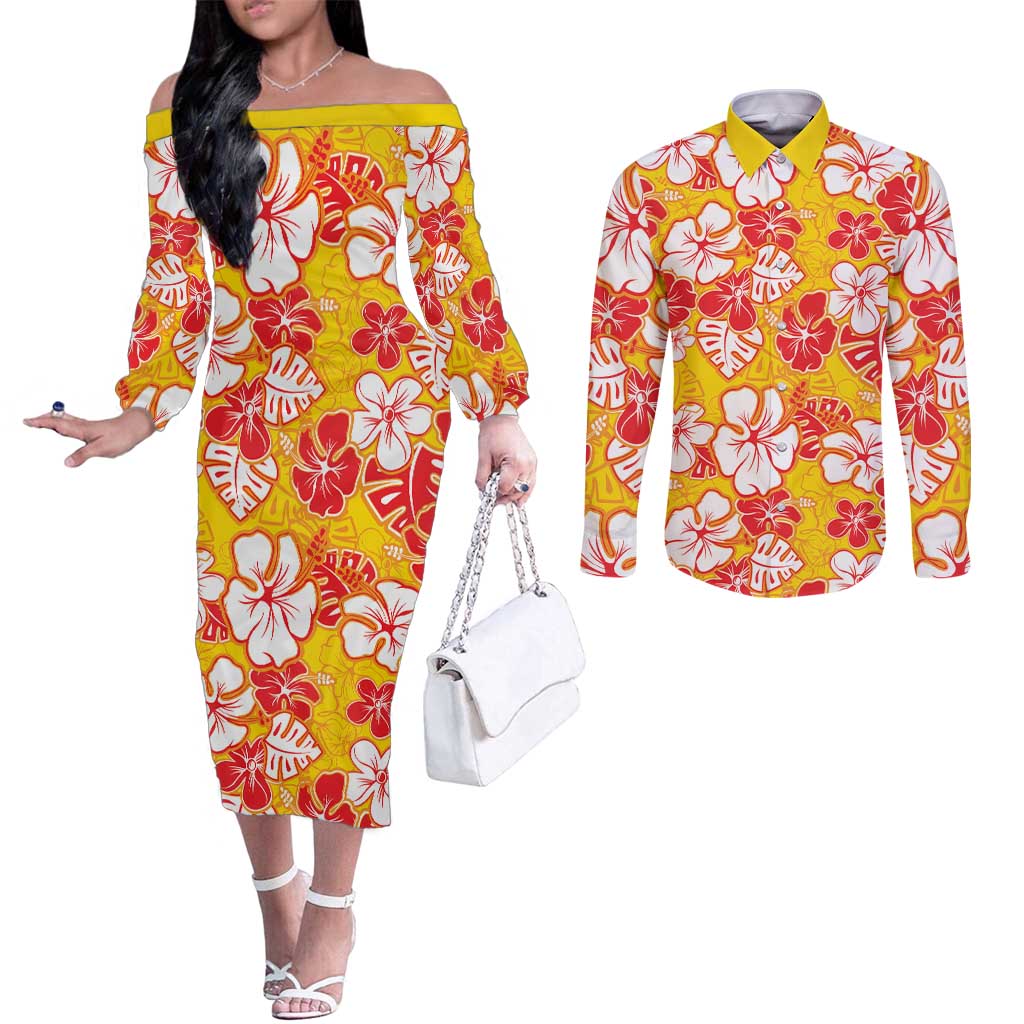 Yellow Hawaii Hibiscus Couples Matching Off The Shoulder Long Sleeve Dress and Long Sleeve Button Shirt Tropical Flowers Seamless Pattern LT14 Yellow - Polynesian Pride