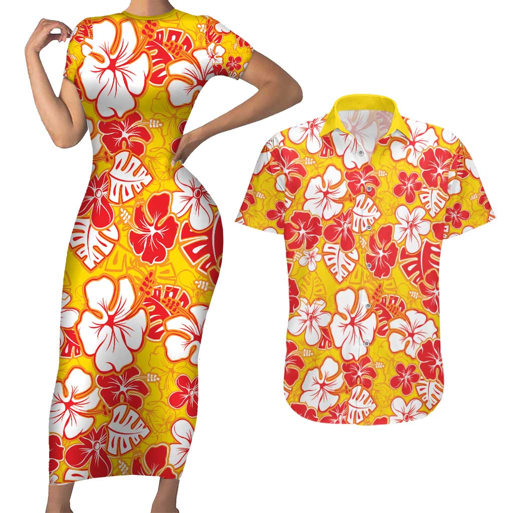 Yellow Hawaii Hibiscus Couples Matching Short Sleeve Bodycon Dress and Hawaiian Shirt Tropical Flowers Seamless Pattern LT14 Yellow - Polynesian Pride