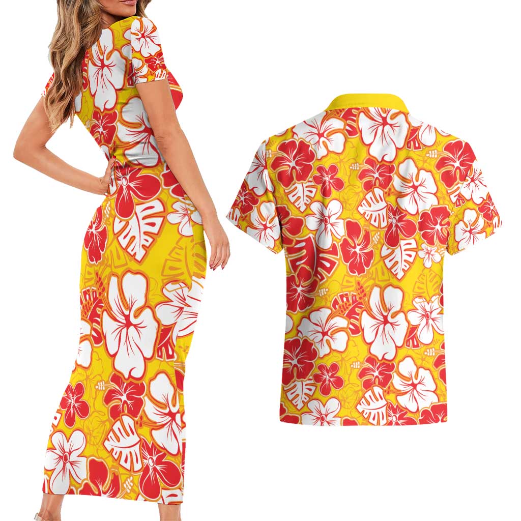 Yellow Hawaii Hibiscus Couples Matching Short Sleeve Bodycon Dress and Hawaiian Shirt Tropical Flowers Seamless Pattern LT14 - Polynesian Pride