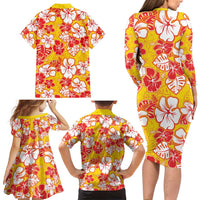 Yellow Hawaii Hibiscus Family Matching Long Sleeve Bodycon Dress and Hawaiian Shirt Tropical Flowers Seamless Pattern LT14 - Polynesian Pride