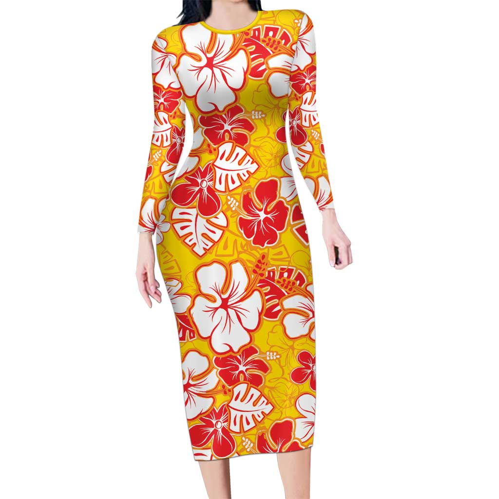 Yellow Hawaii Hibiscus Family Matching Long Sleeve Bodycon Dress and Hawaiian Shirt Tropical Flowers Seamless Pattern LT14 Mom's Dress Yellow - Polynesian Pride