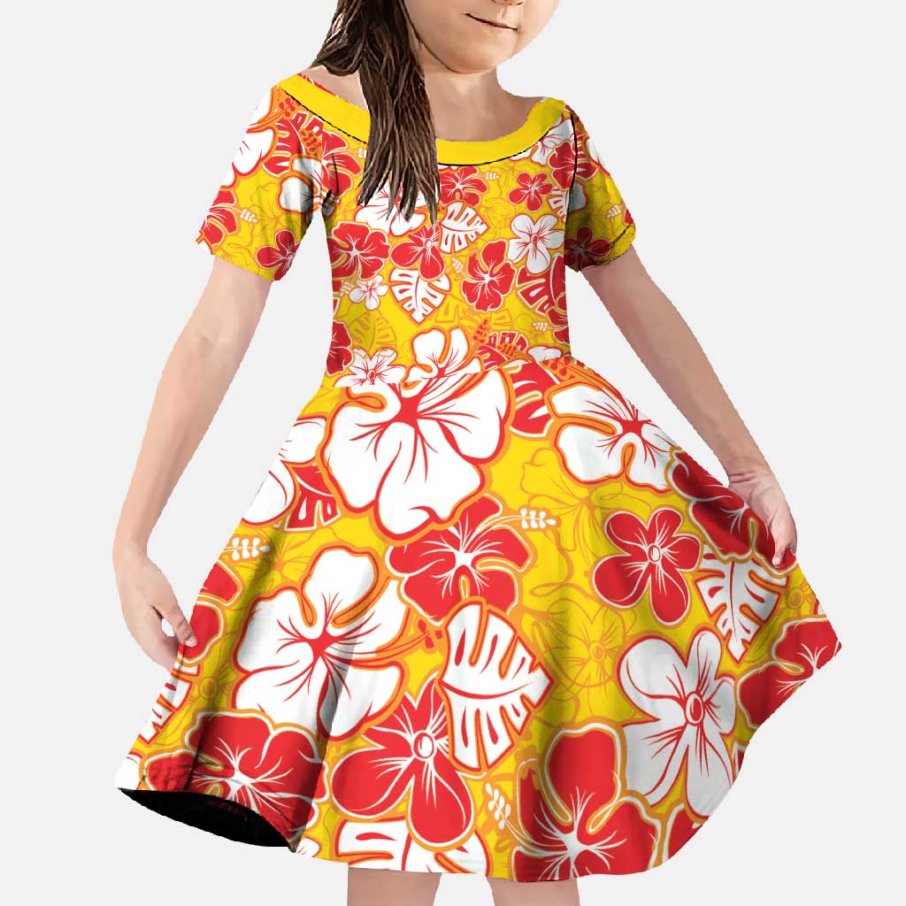 Yellow Hawaii Hibiscus Family Matching Mermaid Dress and Hawaiian Shirt Tropical Flowers Seamless Pattern LT14 Daughter's Dress Yellow - Polynesian Pride