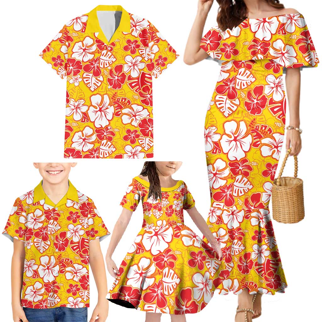 Yellow Hawaii Hibiscus Family Matching Mermaid Dress and Hawaiian Shirt Tropical Flowers Seamless Pattern LT14 - Polynesian Pride