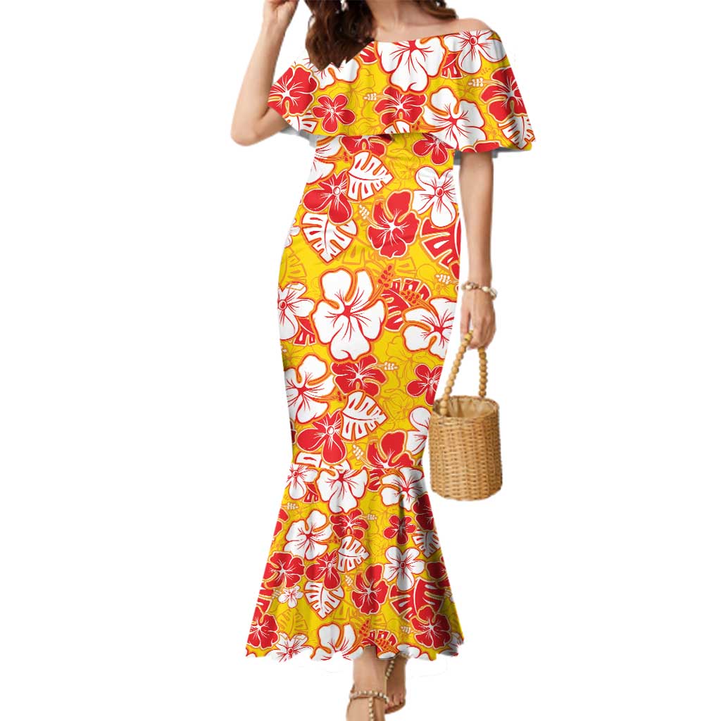 Yellow Hawaii Hibiscus Family Matching Mermaid Dress and Hawaiian Shirt Tropical Flowers Seamless Pattern LT14 Mom's Dress Yellow - Polynesian Pride
