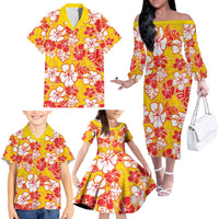 Yellow Hawaii Hibiscus Family Matching Off The Shoulder Long Sleeve Dress and Hawaiian Shirt Tropical Flowers Seamless Pattern LT14 - Polynesian Pride