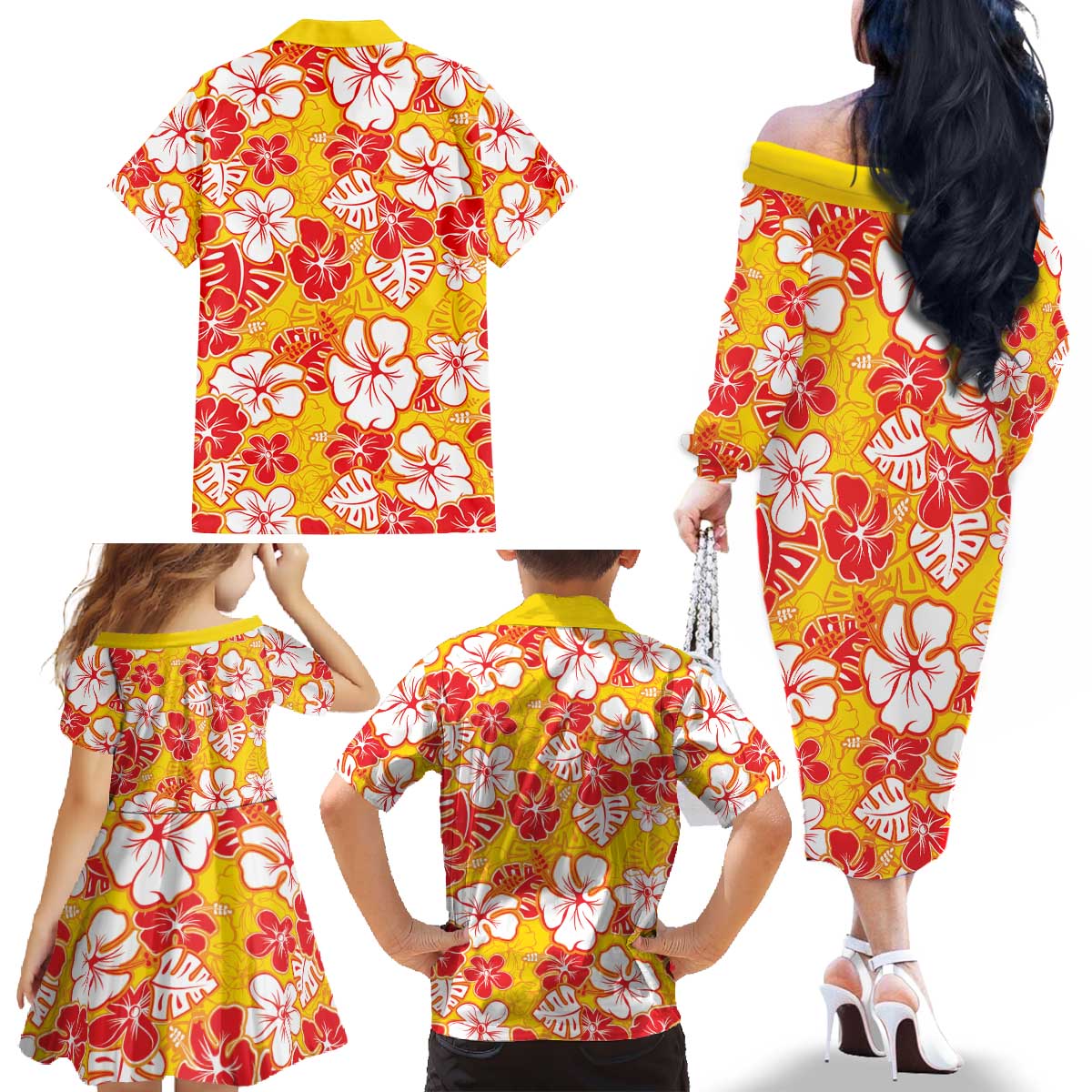 Yellow Hawaii Hibiscus Family Matching Off The Shoulder Long Sleeve Dress and Hawaiian Shirt Tropical Flowers Seamless Pattern LT14 - Polynesian Pride