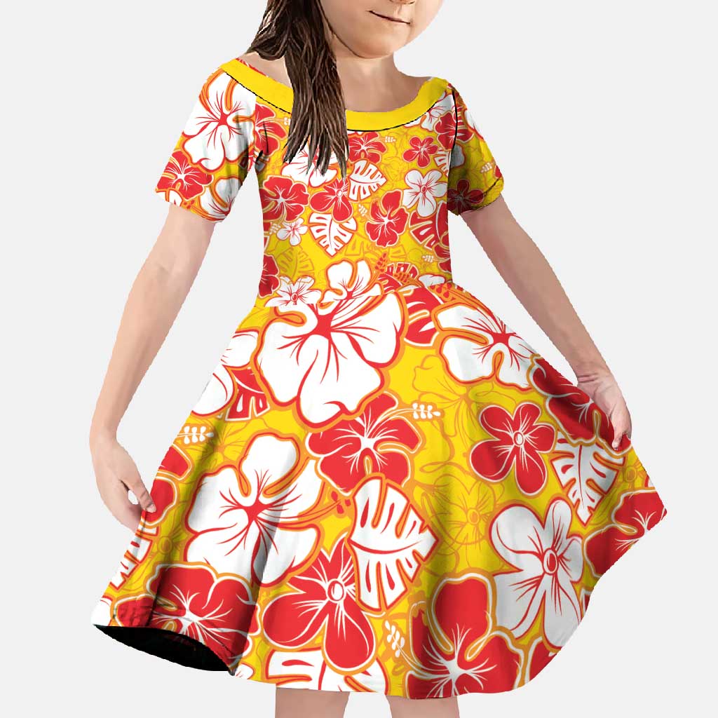 Yellow Hawaii Hibiscus Family Matching Off Shoulder Maxi Dress and Hawaiian Shirt Tropical Flowers Seamless Pattern LT14 Daughter's Dress Yellow - Polynesian Pride