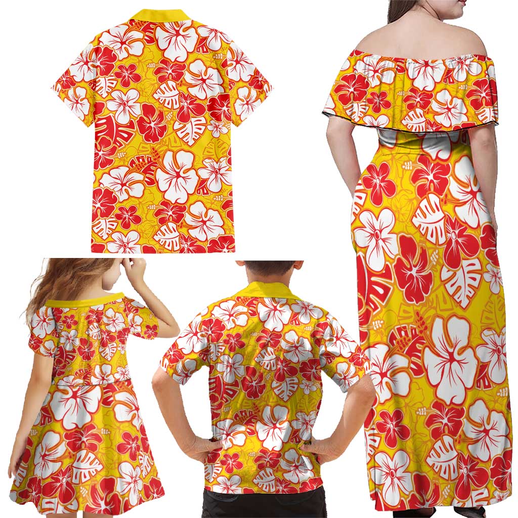 Yellow Hawaii Hibiscus Family Matching Off Shoulder Maxi Dress and Hawaiian Shirt Tropical Flowers Seamless Pattern LT14 - Polynesian Pride