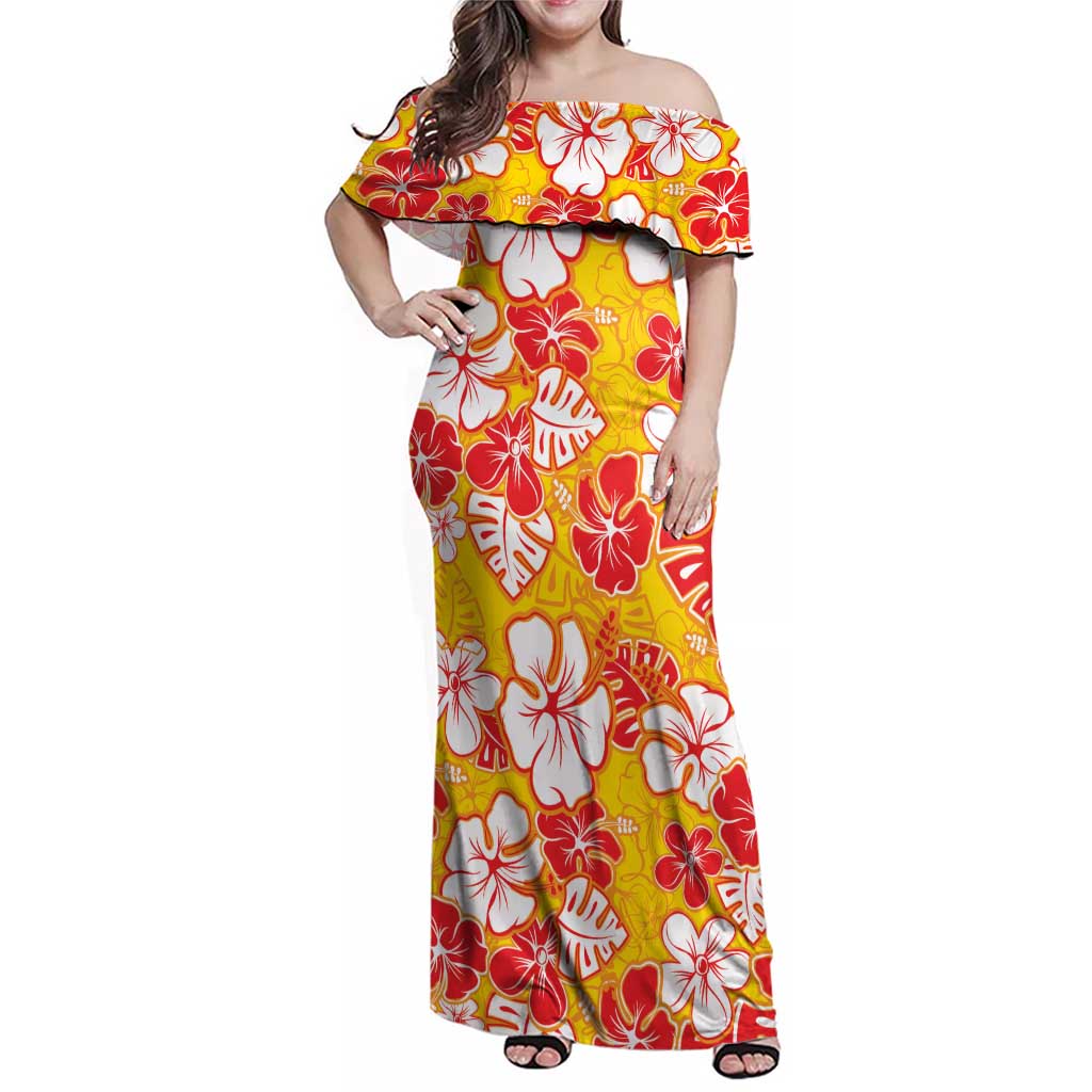 Yellow Hawaii Hibiscus Family Matching Off Shoulder Maxi Dress and Hawaiian Shirt Tropical Flowers Seamless Pattern LT14 Mom's Dress Yellow - Polynesian Pride