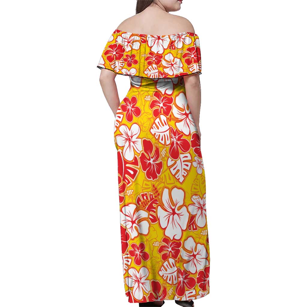 Yellow Hawaii Hibiscus Family Matching Off Shoulder Maxi Dress and Hawaiian Shirt Tropical Flowers Seamless Pattern LT14 - Polynesian Pride