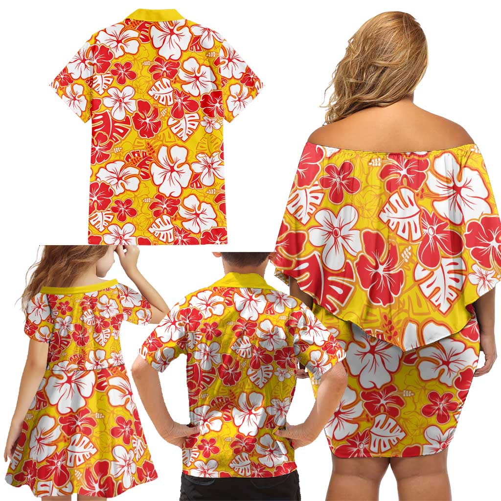 Yellow Hawaii Hibiscus Family Matching Off Shoulder Short Dress and Hawaiian Shirt Tropical Flowers Seamless Pattern LT14 - Polynesian Pride