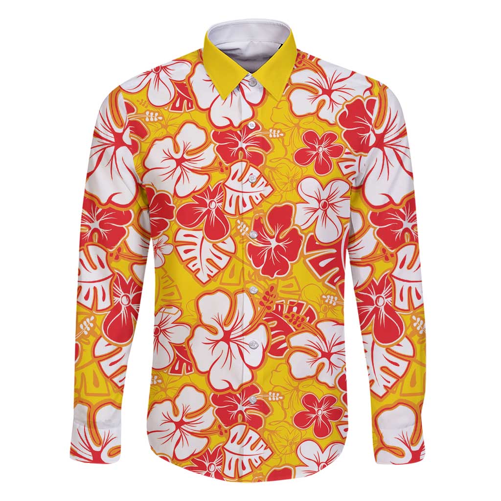 Yellow Hawaii Hibiscus Family Matching Off Shoulder Short Dress and Hawaiian Shirt Tropical Flowers Seamless Pattern LT14 Dad's Shirt - Long Sleeve Yellow - Polynesian Pride