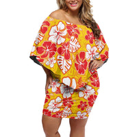 Yellow Hawaii Hibiscus Family Matching Off Shoulder Short Dress and Hawaiian Shirt Tropical Flowers Seamless Pattern LT14 Mom's Dress Yellow - Polynesian Pride