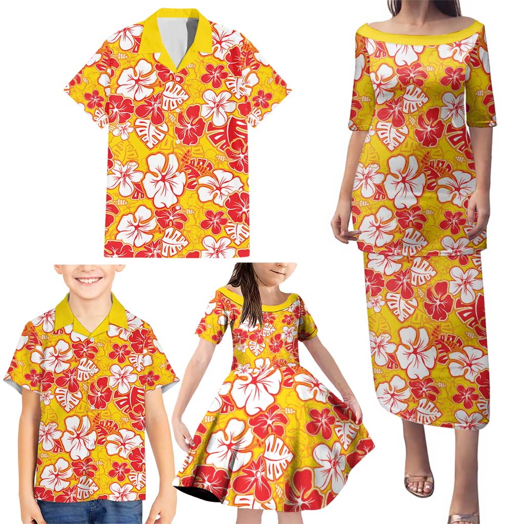 Yellow Hawaii Hibiscus Family Matching Puletasi and Hawaiian Shirt Tropical Flowers Seamless Pattern LT14 - Polynesian Pride