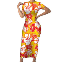 Yellow Hawaii Hibiscus Family Matching Short Sleeve Bodycon Dress and Hawaiian Shirt Tropical Flowers Seamless Pattern LT14 Mom's Dress Yellow - Polynesian Pride