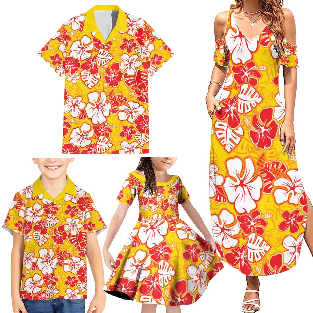 Yellow Hawaii Hibiscus Family Matching Summer Maxi Dress and Hawaiian Shirt Tropical Flowers Seamless Pattern LT14 - Polynesian Pride