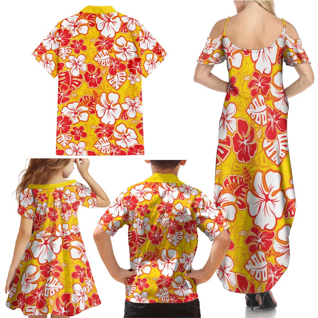 Yellow Hawaii Hibiscus Family Matching Summer Maxi Dress and Hawaiian Shirt Tropical Flowers Seamless Pattern LT14 - Polynesian Pride