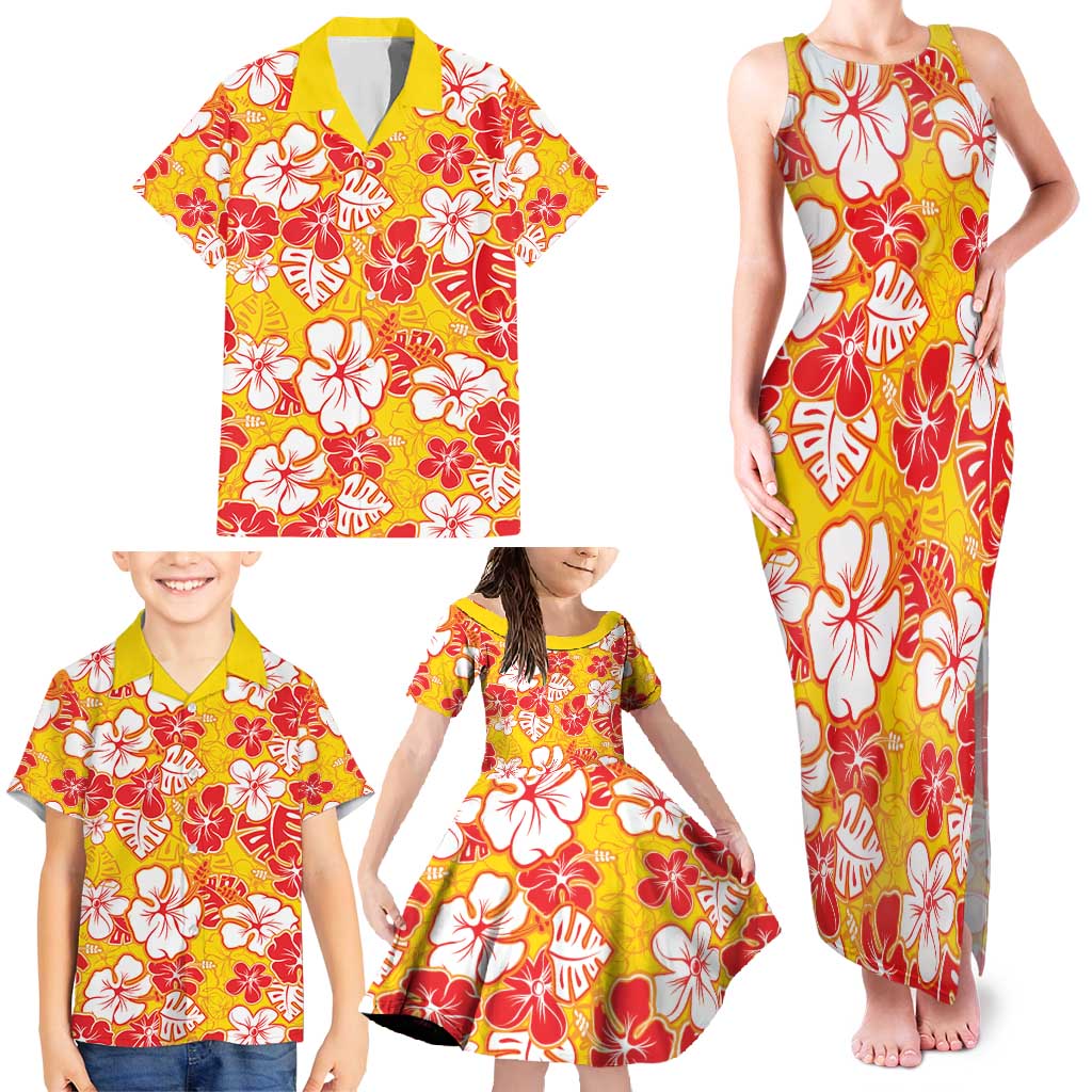 Yellow Hawaii Hibiscus Family Matching Tank Maxi Dress and Hawaiian Shirt Tropical Flowers Seamless Pattern LT14 - Polynesian Pride