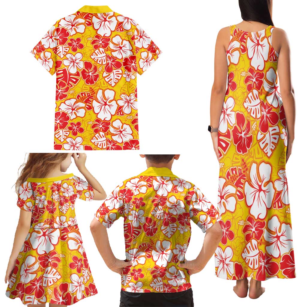 Yellow Hawaii Hibiscus Family Matching Tank Maxi Dress and Hawaiian Shirt Tropical Flowers Seamless Pattern LT14 - Polynesian Pride