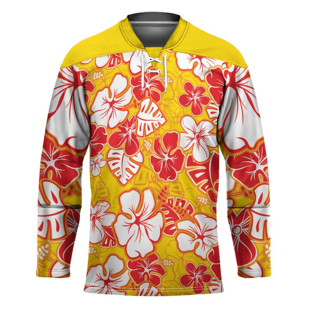 Yellow Hawaii Hibiscus Hockey Jersey Tropical Flowers Seamless Pattern - Polynesian Pride