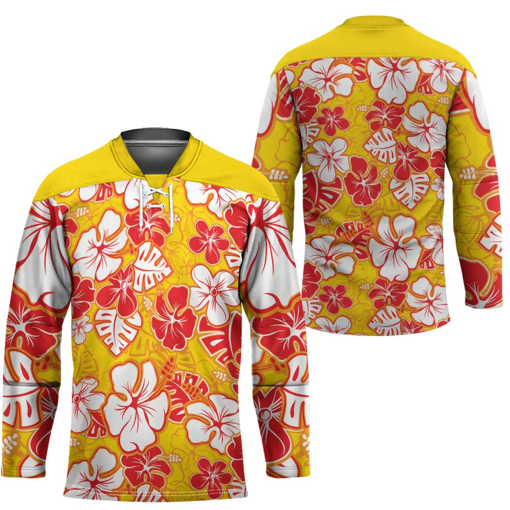 Yellow Hawaii Hibiscus Hockey Jersey Tropical Flowers Seamless Pattern - Polynesian Pride