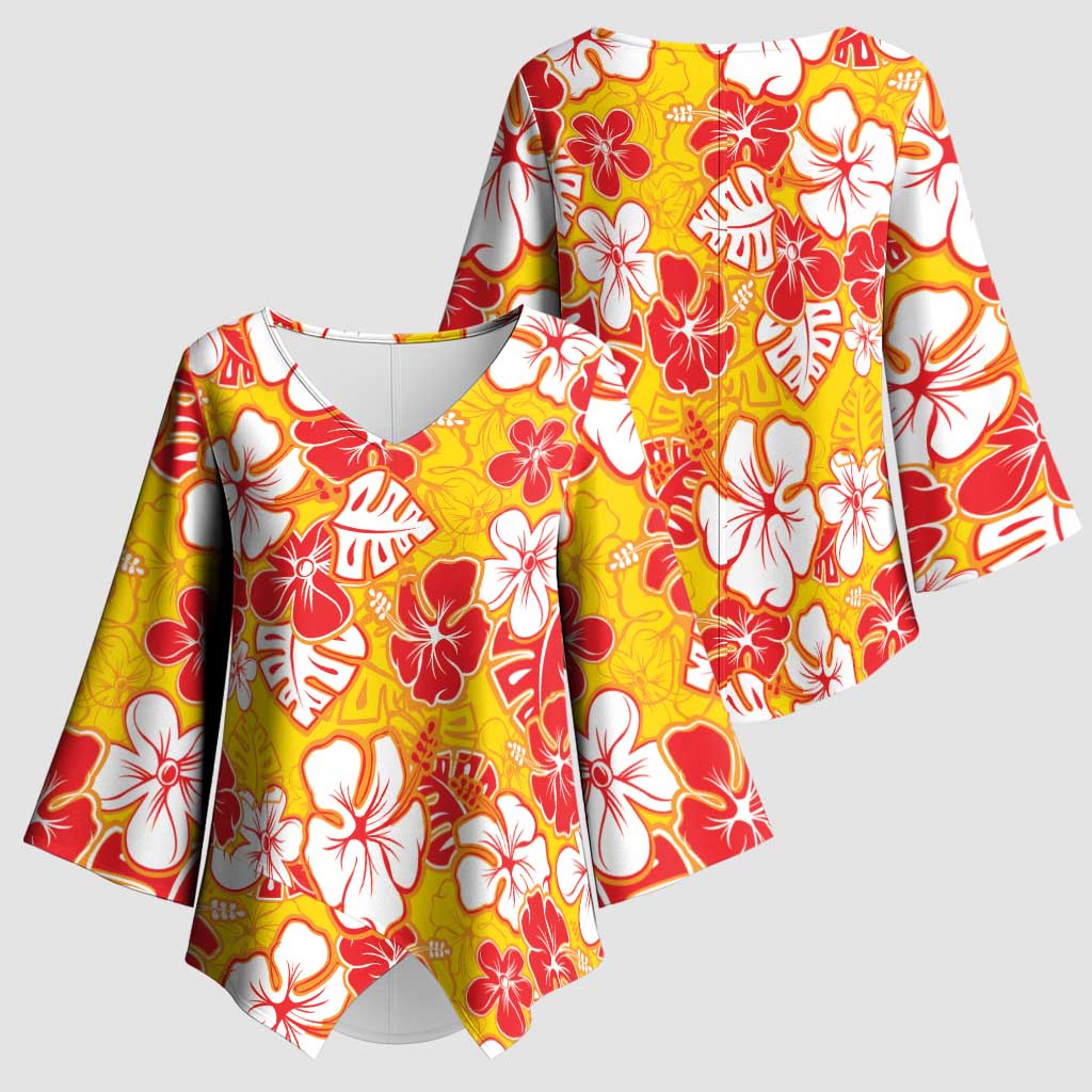 Yellow Hawaii Hibiscus Kimono Sleeve Blouse Tropical Flowers Seamless Pattern LT14 - Polynesian Pride