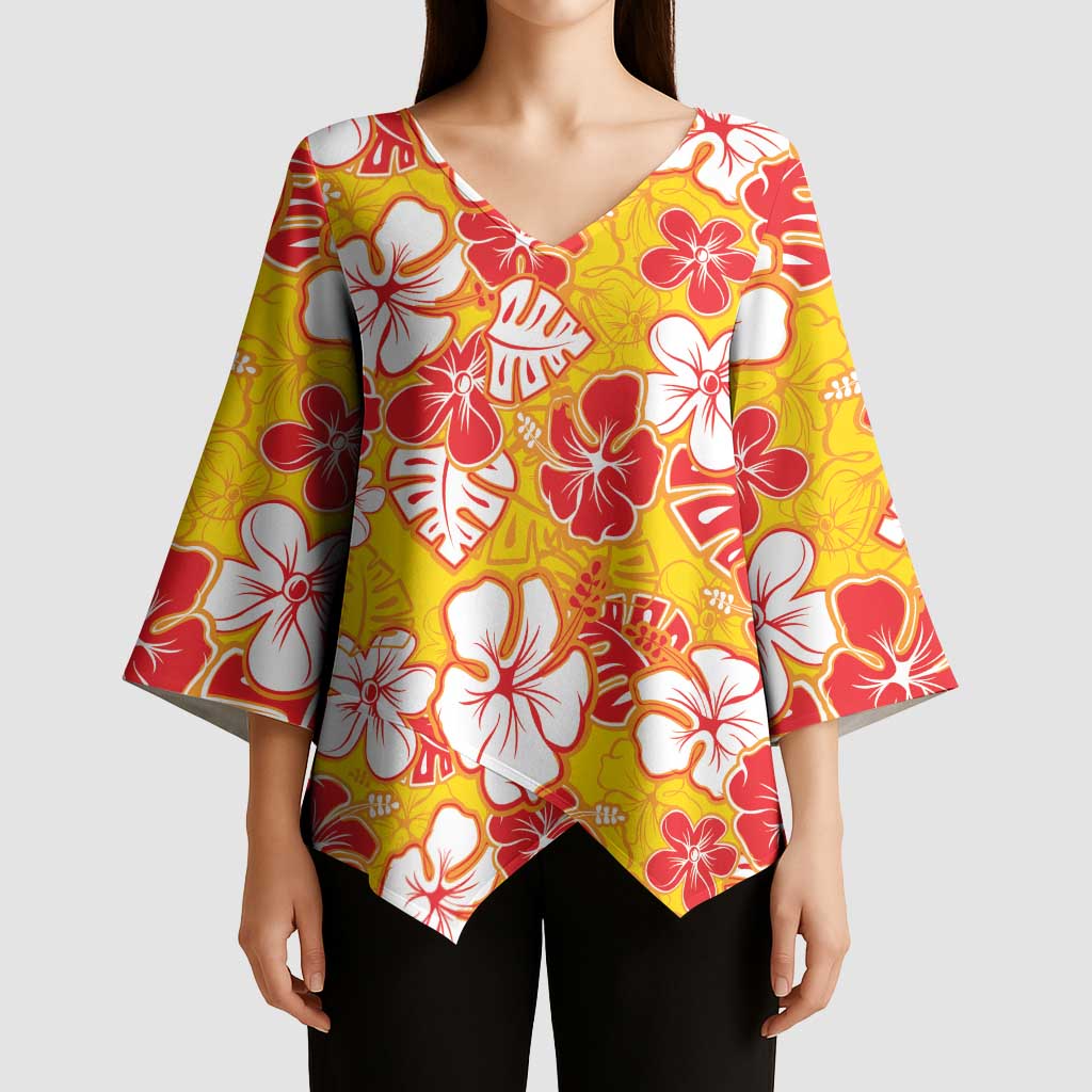 Yellow Hawaii Hibiscus Kimono Sleeve Blouse Tropical Flowers Seamless Pattern LT14 - Polynesian Pride