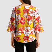 Yellow Hawaii Hibiscus Kimono Sleeve Blouse Tropical Flowers Seamless Pattern LT14 - Polynesian Pride