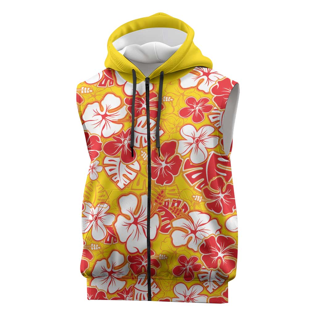Yellow Hawaii Hibiscus Sleeveless Zip Hoodie Tropical Flowers Seamless Pattern - Polynesian Pride