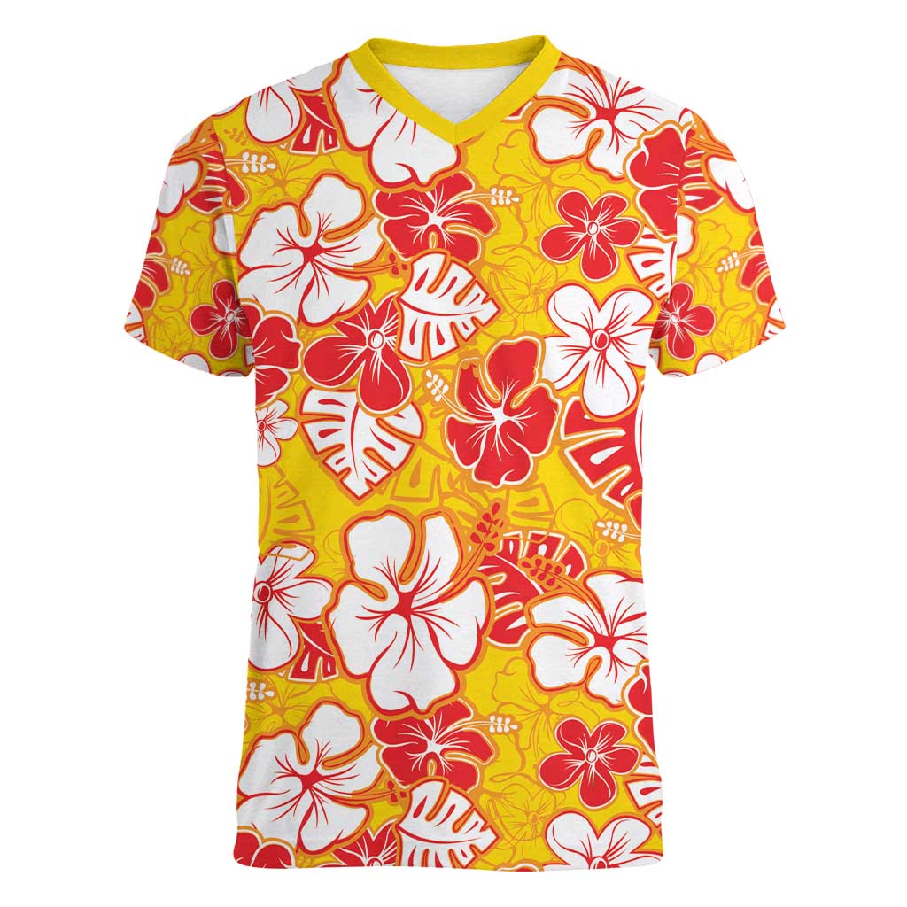 Yellow Hawaii Hibiscus Women V-Neck T-Shirt Tropical Flowers Seamless Pattern LT14 Female Yellow - Polynesian Pride