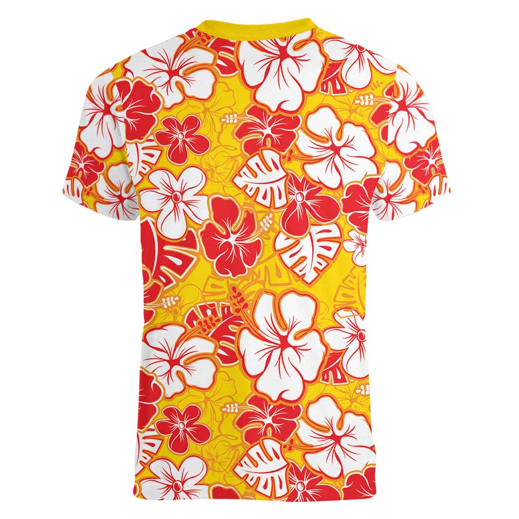 Yellow Hawaii Hibiscus Women V-Neck T-Shirt Tropical Flowers Seamless Pattern LT14 - Polynesian Pride
