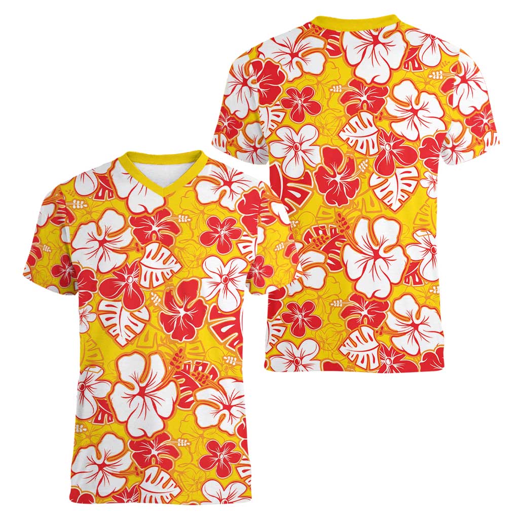 Yellow Hawaii Hibiscus Women V-Neck T-Shirt Tropical Flowers Seamless Pattern LT14 - Polynesian Pride