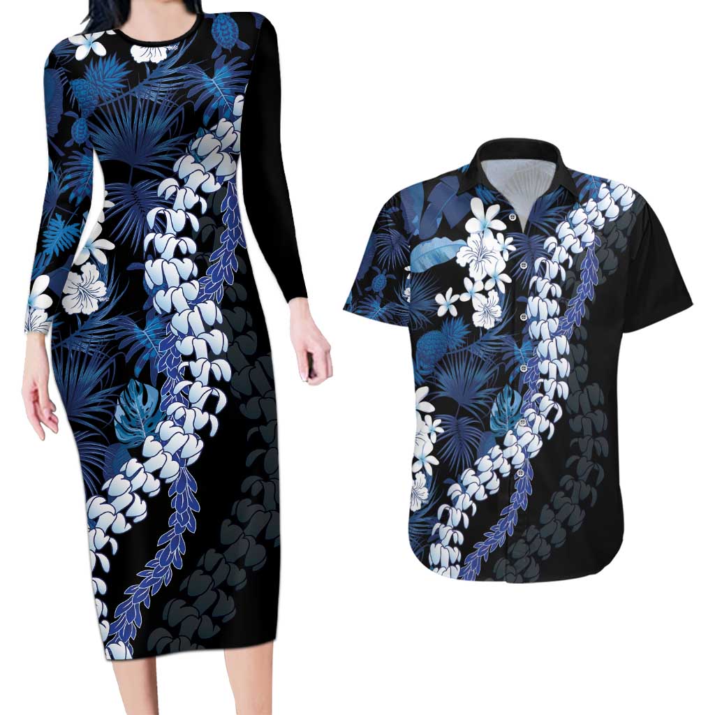 Polu Aloha Hawaii Lei Couples Matching Long Sleeve Bodycon Dress and Hawaiian Shirt Tropical Flowers Elegant Vibe LT14 Blue - Polynesian Pride