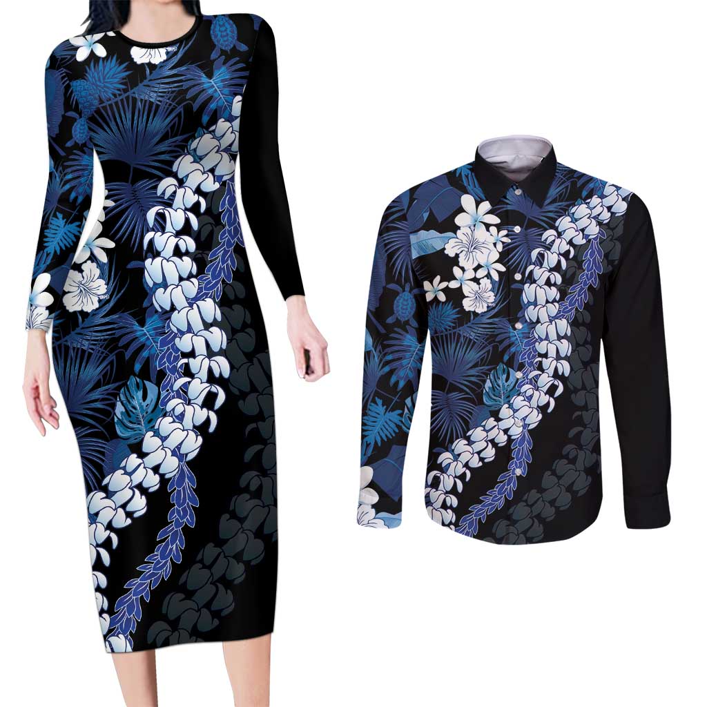 Polu Aloha Hawaii Lei Couples Matching Long Sleeve Bodycon Dress and Long Sleeve Button Shirt Tropical Flowers Elegant Vibe LT14 Blue - Polynesian Pride