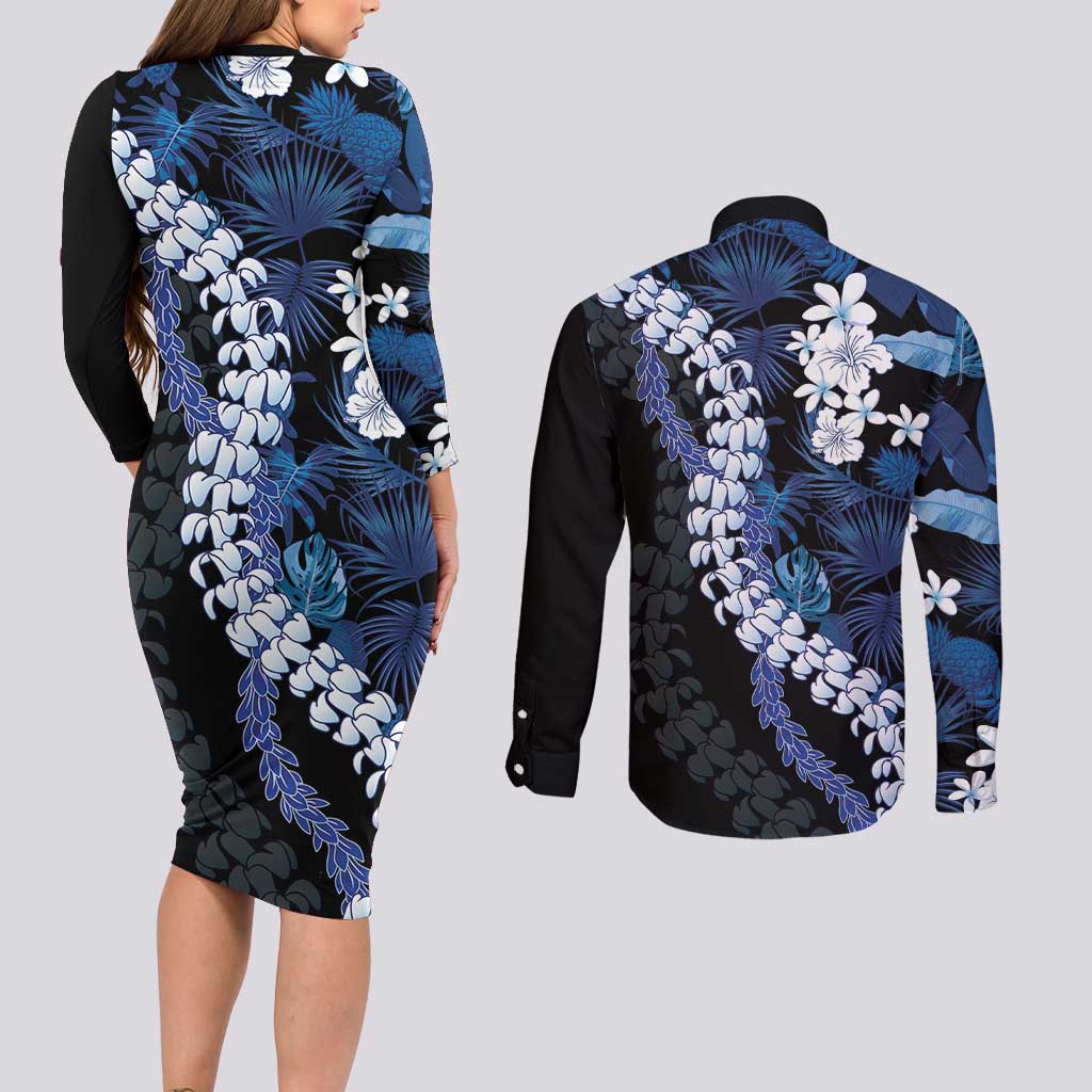 Polu Aloha Hawaii Lei Couples Matching Long Sleeve Bodycon Dress and Long Sleeve Button Shirt Tropical Flowers Elegant Vibe LT14 - Polynesian Pride