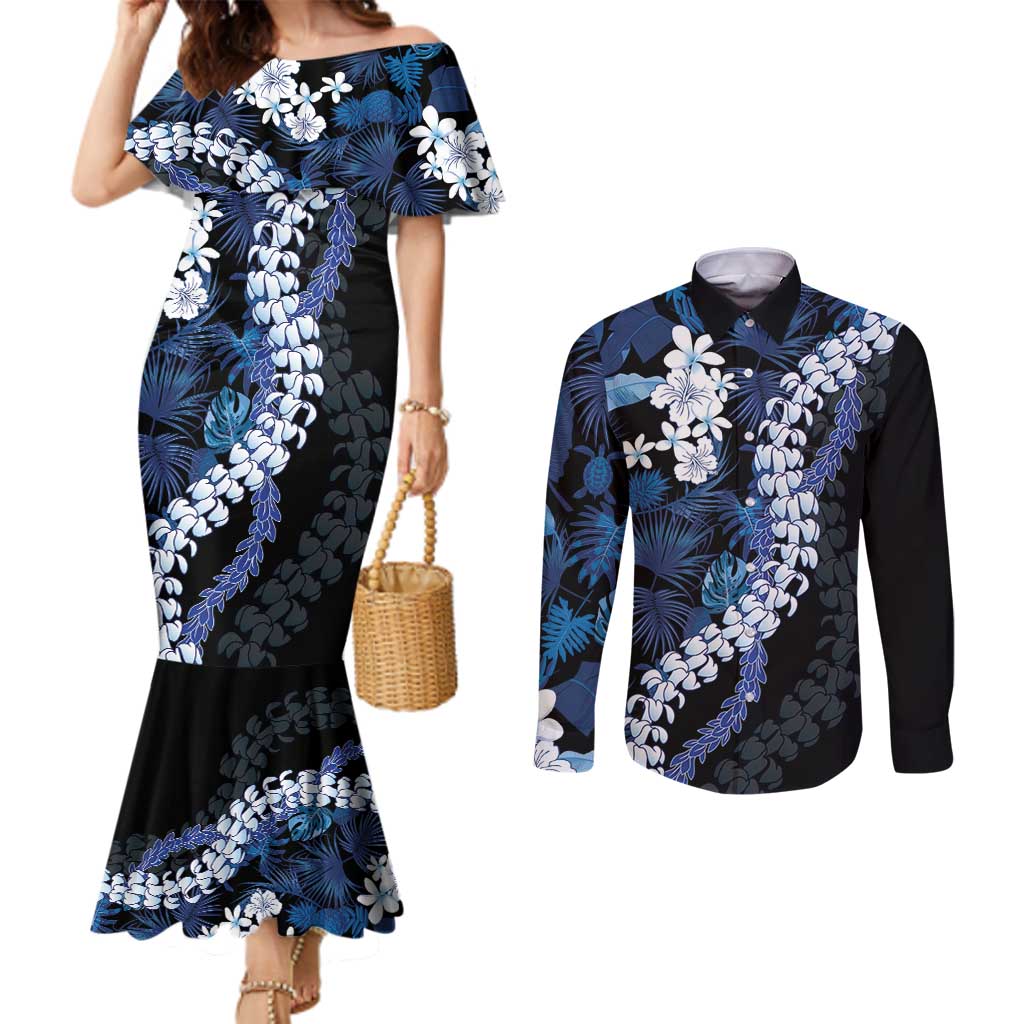 Polu Aloha Hawaii Lei Couples Matching Mermaid Dress and Long Sleeve Button Shirt Tropical Flowers Elegant Vibe LT14 Blue - Polynesian Pride