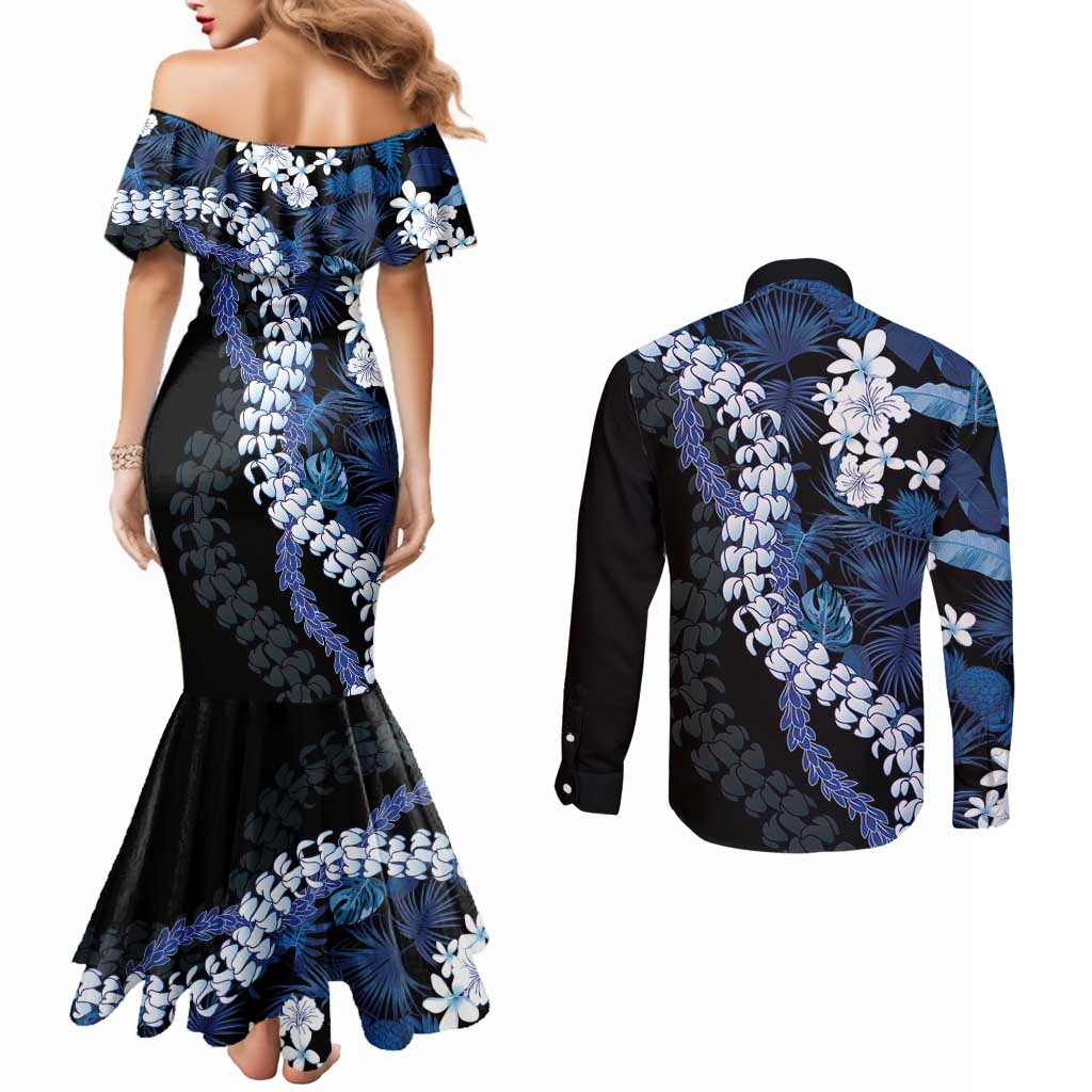 Polu Aloha Hawaii Lei Couples Matching Mermaid Dress and Long Sleeve Button Shirt Tropical Flowers Elegant Vibe LT14 - Polynesian Pride