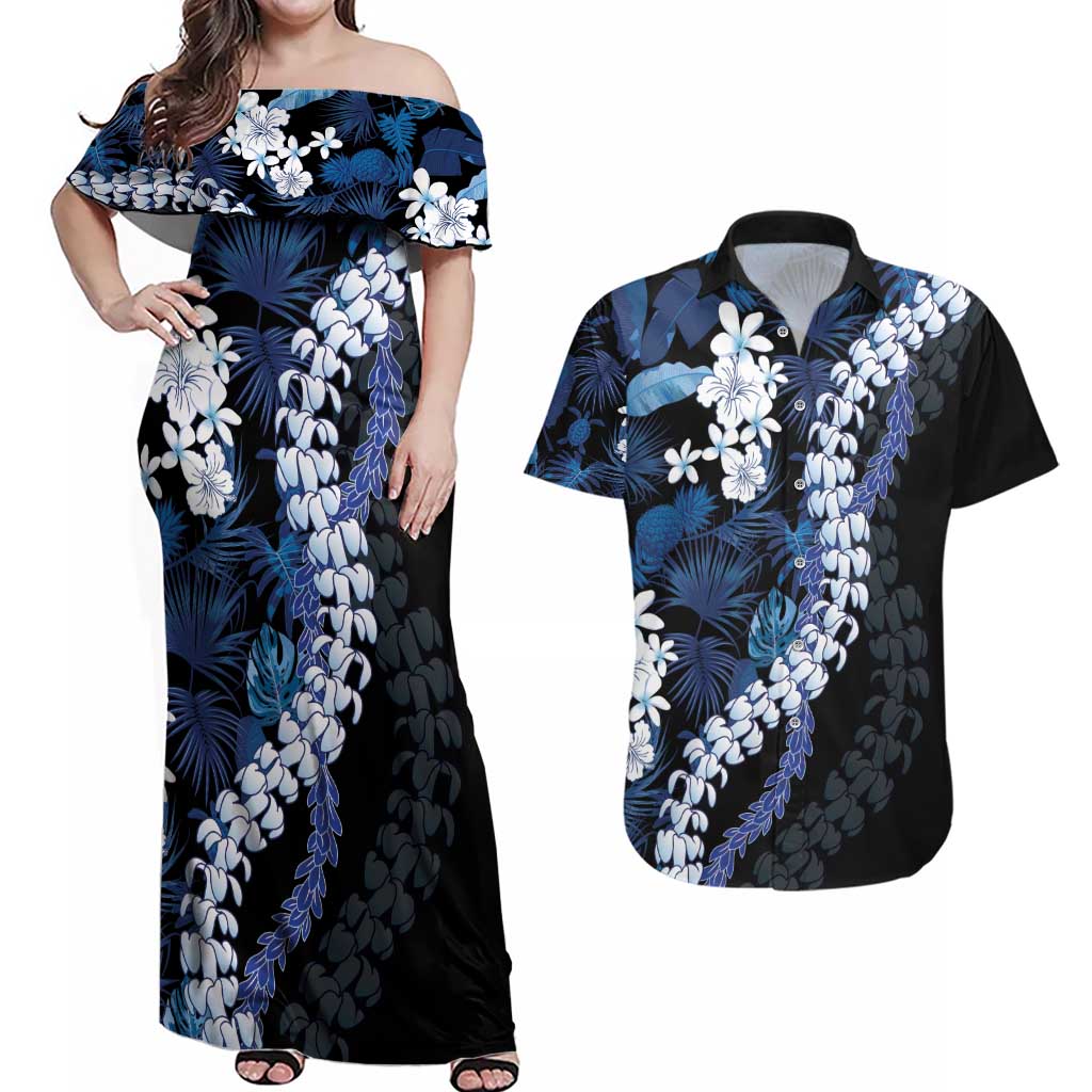 Polu Aloha Hawaii Lei Couples Matching Off Shoulder Maxi Dress and Hawaiian Shirt Tropical Flowers Elegant Vibe LT14 Blue - Polynesian Pride