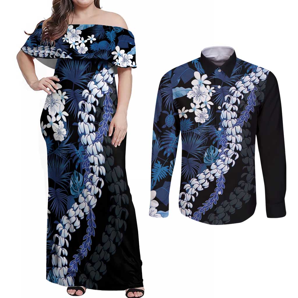Polu Aloha Hawaii Lei Couples Matching Off Shoulder Maxi Dress and Long Sleeve Button Shirt Tropical Flowers Elegant Vibe LT14 Blue - Polynesian Pride