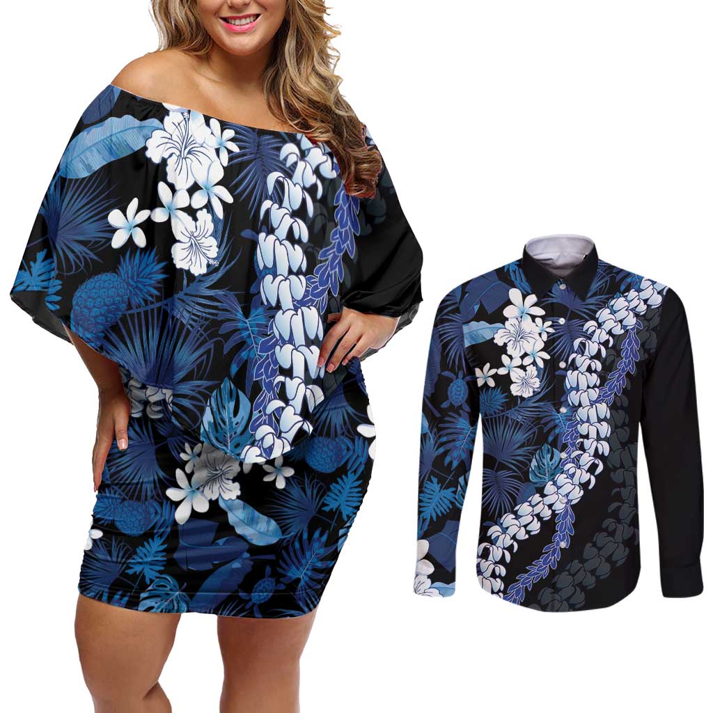 Polu Aloha Hawaii Lei Couples Matching Off Shoulder Short Dress and Long Sleeve Button Shirt Tropical Flowers Elegant Vibe LT14 Blue - Polynesian Pride